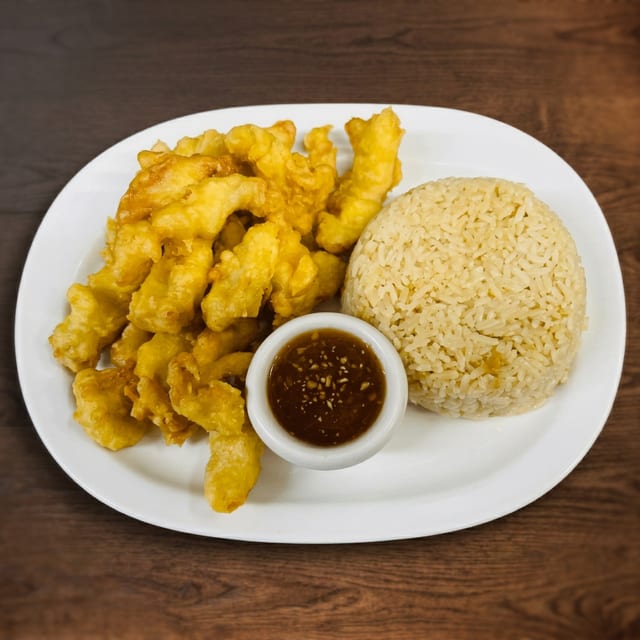 Crispy Chicken Over Rice.